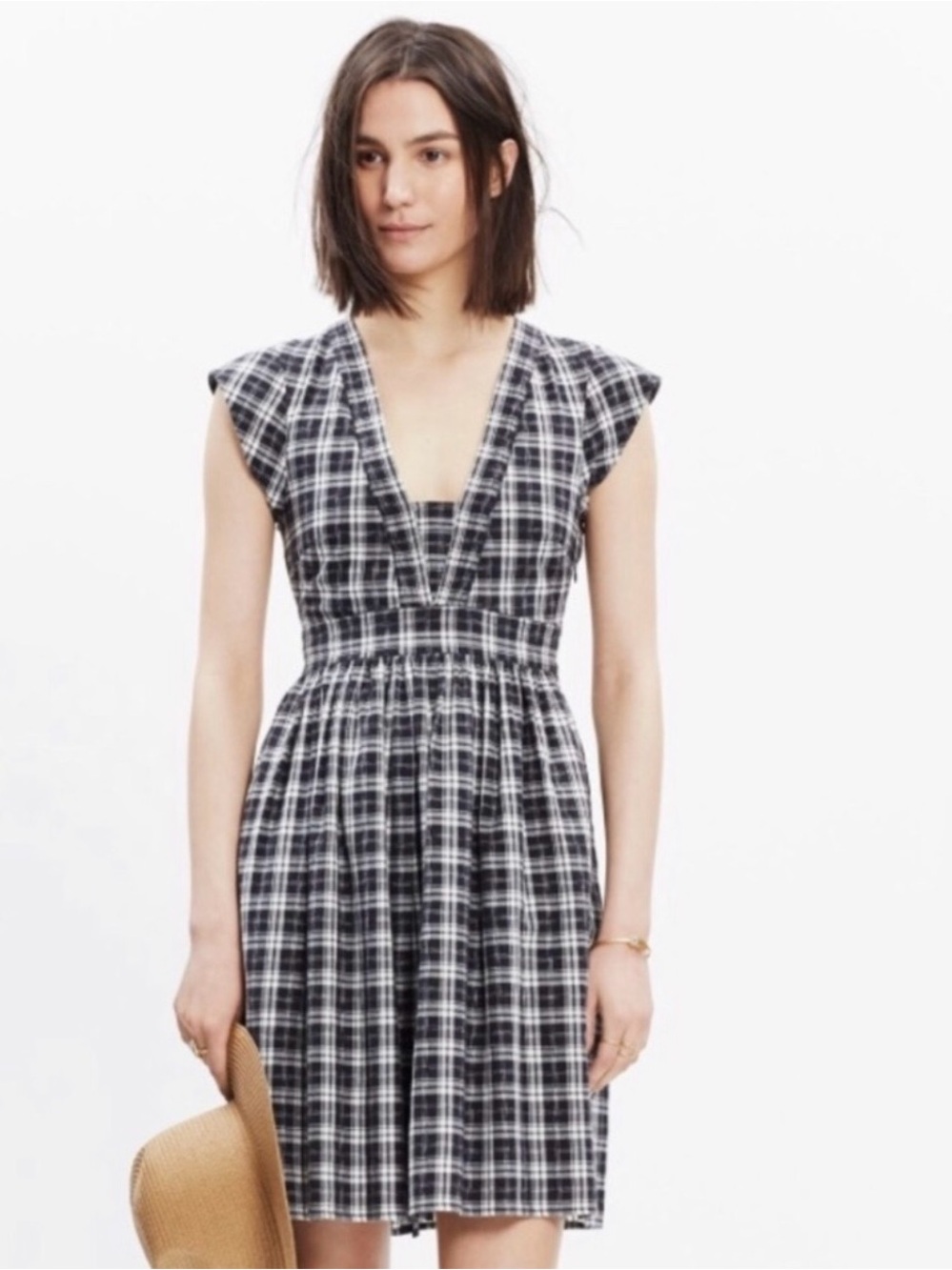 Madewell Nightbreeze Black & White Plaid V-Neck Mini Dress-Sz 6